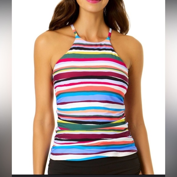 Anne Cole Signature Womens Boardwalk Stripe High-Neck Tankini Top Large - Picture 1 of 7